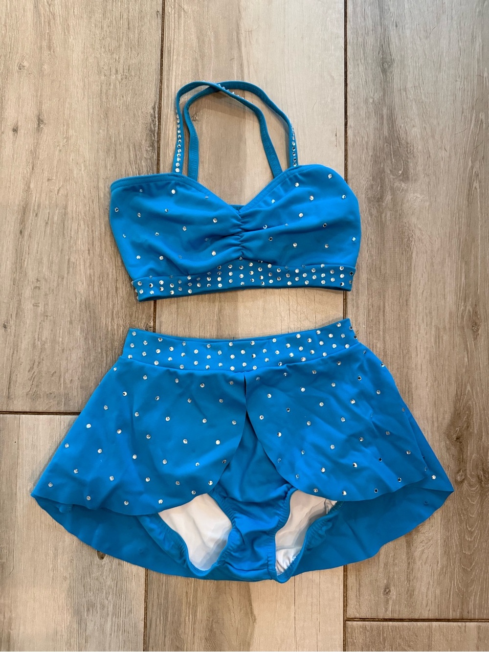 Girls Blue Dance Two-Piece Performance Set with Rhinestone Trim